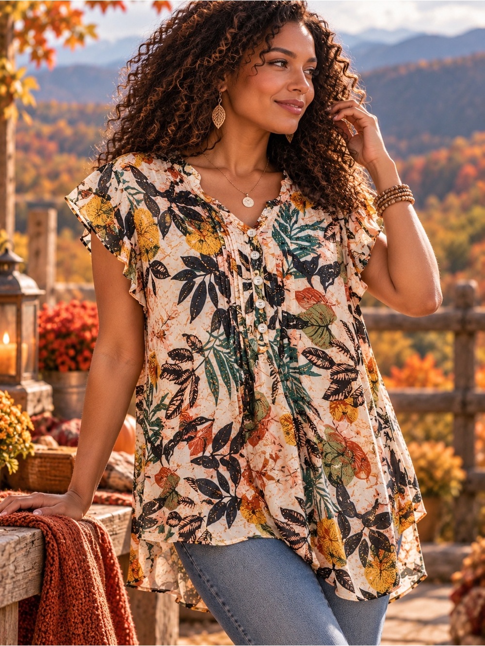 NWT Daniel Rainn Tropical Botanical Blouse Size L Ruffle Sleeve Boho Top